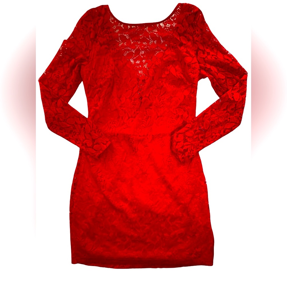 bebe Red Long Sleeve Lace Bodycon Dress